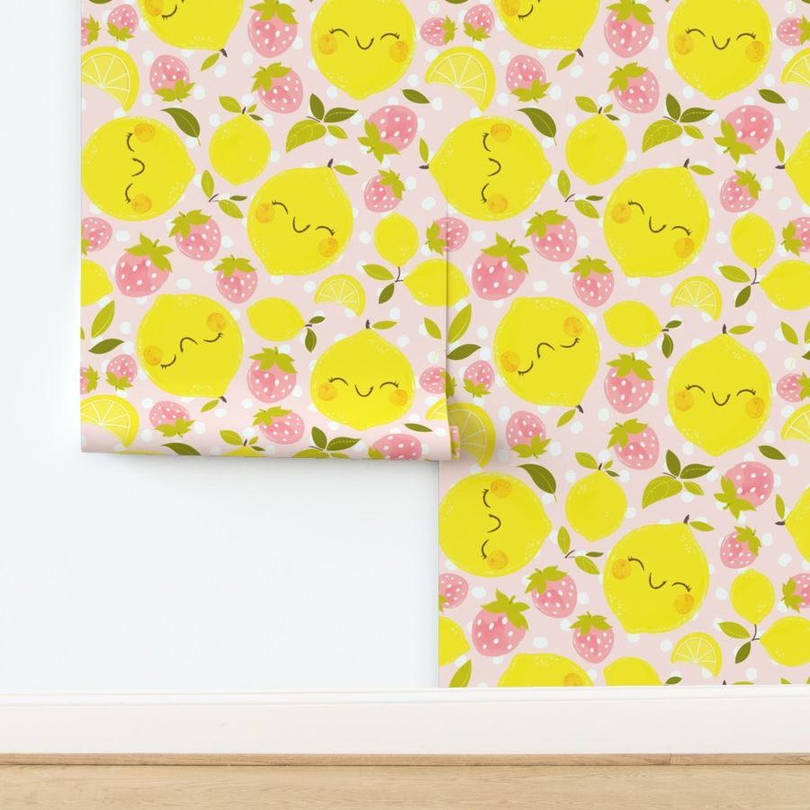 Strawberry Lemon Pattern Pink - Larger Print