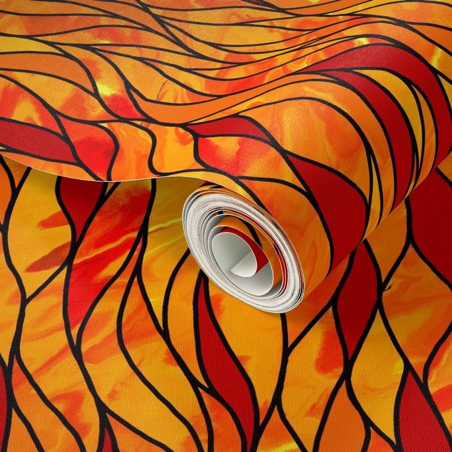 Stained Glass Waves in Reds and Yellows (black lines(