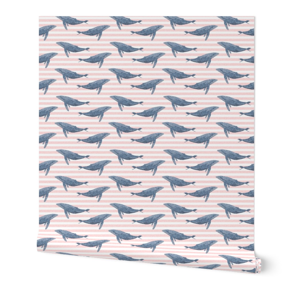 whale ocean animal whales nautical fabric stripe light pink