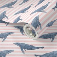 whale ocean animal whales nautical fabric stripe light pink