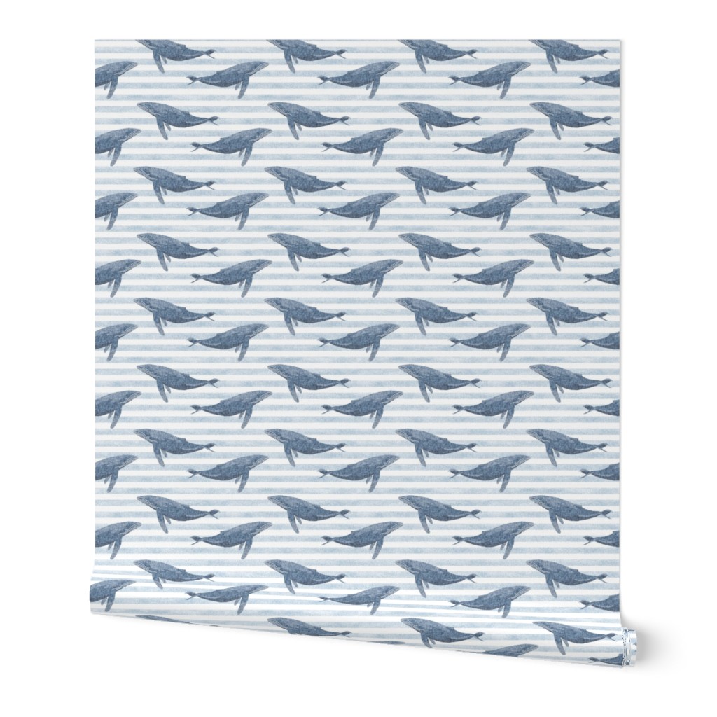 whale ocean animal whales nautical fabric stripe blue
