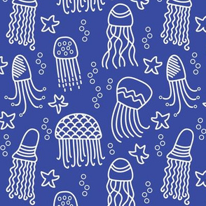 Jellyfish doodle white on royal blue
