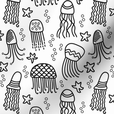 Jellyfish doodle black and white coloring book
