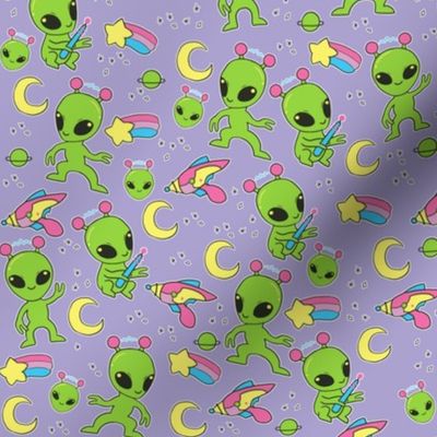 More Space Aliens - UFO Doodles, 90s, Kawaii Cute Pastel Goth Cute on Purple