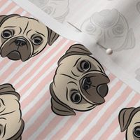 Pugs on light pink stripes - pug cute dog face