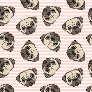 Pugs on light pink stripes - pug cute dog face