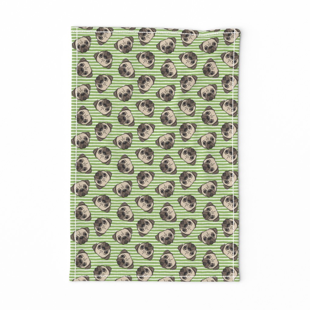 Pugs on green stripes - pug cute dog face