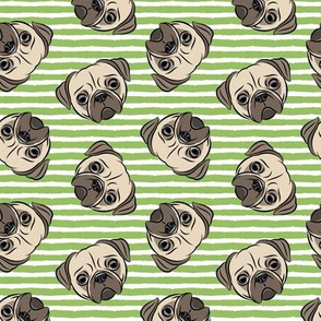 Pugs on green stripes - pug cute dog face