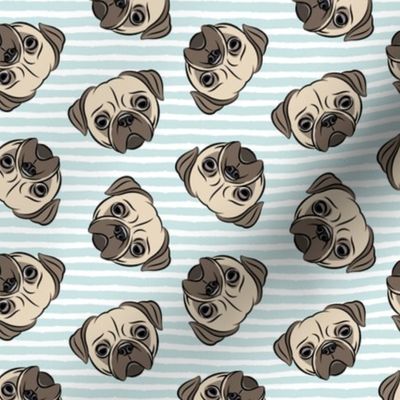 Pugs on baby blue stripes - pug cute dog face