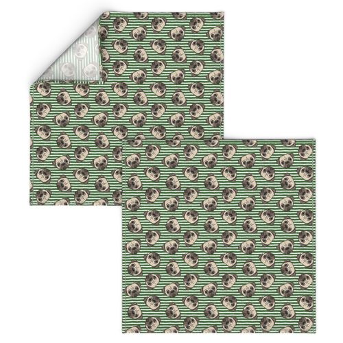 Pugs on pine green stripes - pug cute dog face