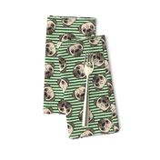 Pugs on pine green stripes - pug cute dog face