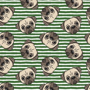 Pugs on pine green stripes - pug cute dog face