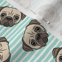 Pugs on aqua stripes  - pug cute dog face