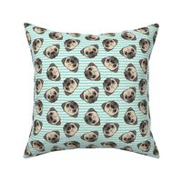 Pugs on aqua stripes  - pug cute dog face