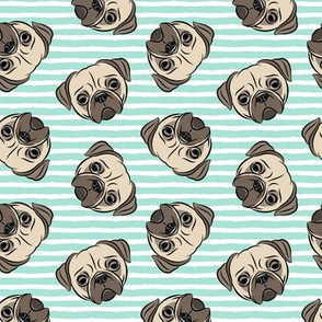 Pugs on aqua stripes  - pug cute dog face