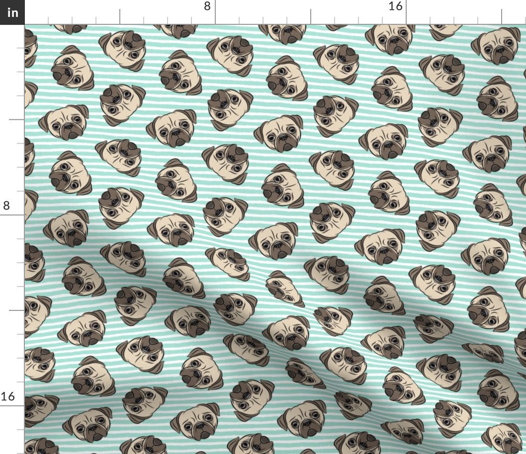 Pugs on aqua stripes  - pug cute dog face