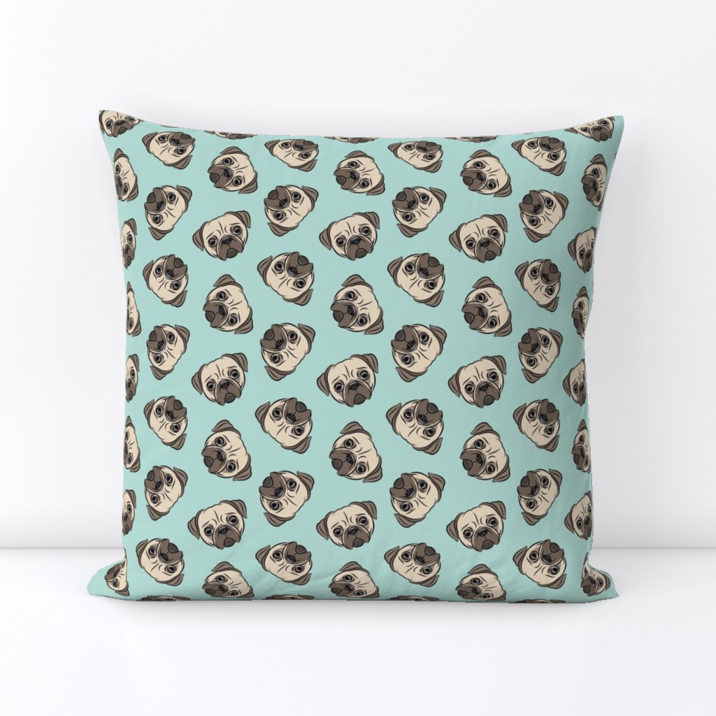 Pugs on dark mint - pug cute dog face