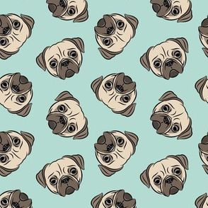 Pugs on dark mint - pug cute dog face