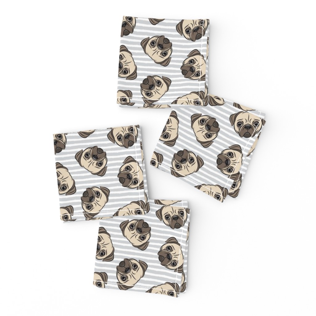 Pugs on grey stripes - pug cute dog face