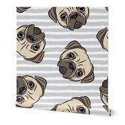 Pugs on grey stripes - pug cute dog face