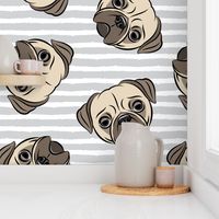 Pugs on grey stripes - pug cute dog face