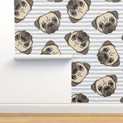 Pugs on grey stripes - pug cute dog face