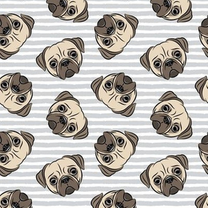 Pugs on grey stripes - pug cute dog face