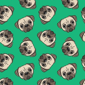 Pugs on green - pug cute dog face