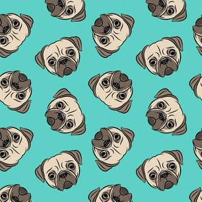 Pugs on teal - pug cute dog face