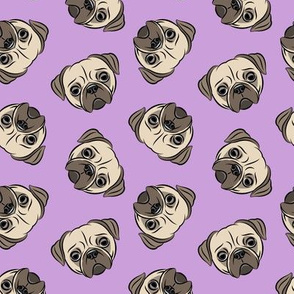 Pugs on purple - pug cute dog face