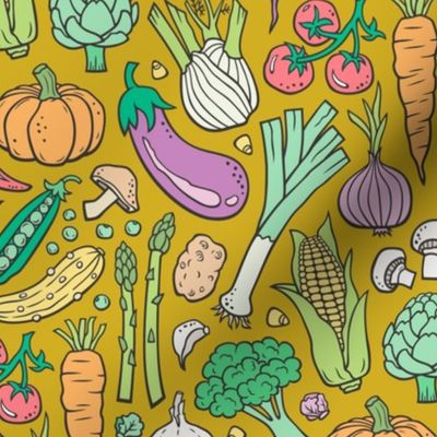 Vegetables Food Doodle on Mustard Yellow