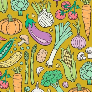 Vegetables Food Doodle on Mustard Yellow