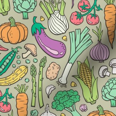 Vegetables Food Doodle on Light Olive Green