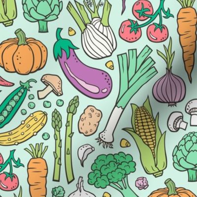 Vegetables Food Doodle on Mint Green