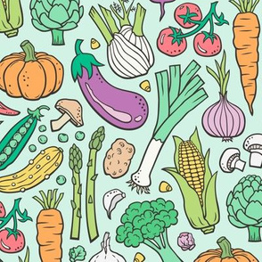 Vegetables Food Doodle on Mint Green