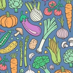 Vegetables Food Doodle on Dark Blue Navy