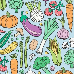 Vegetables Food Doodle on Light Blue