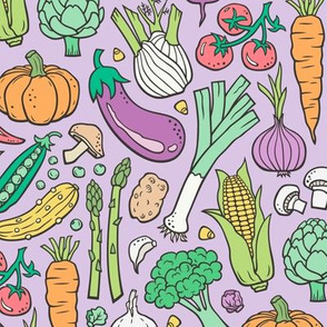 Vegetables Food Doodle on Light Lilac purple