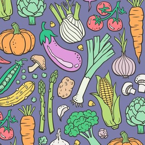 Vegetables Food Doodle on Dark Purple Violet