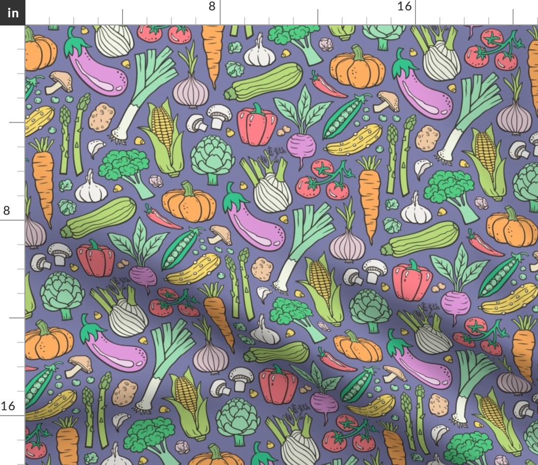 Vegetables Food Doodle on Dark Purple Violet