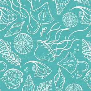 Sea Life - Aqua White Outline