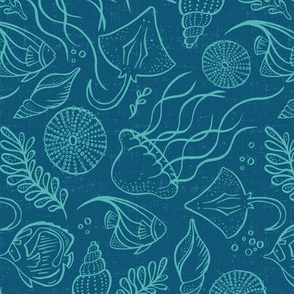 Sea Life - Blue Aqua Outline