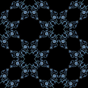 Blue Floral Heart Lace 12 inch repeat on black