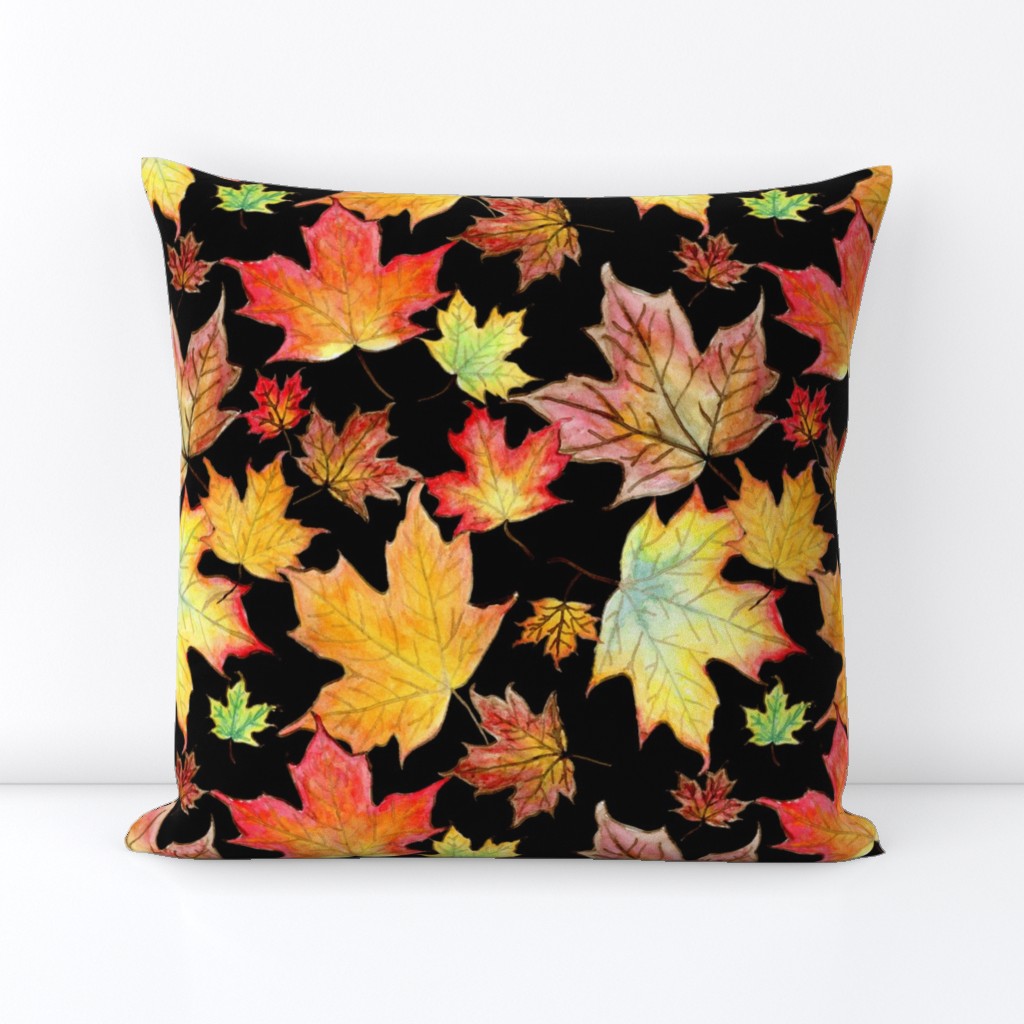 Autumn Maple Leaves 12 inch repeat on black