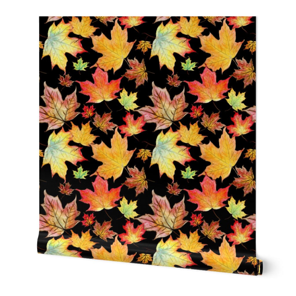 Autumn Maple Leaves 12 inch repeat on black