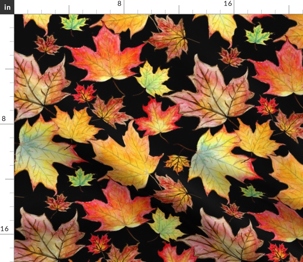 Autumn Maple Leaves 12 inch repeat on black