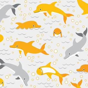 happy dolphins on grey