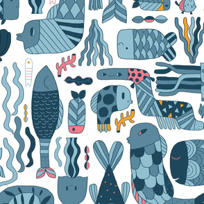 Doodle fish pattern. Blue and white
