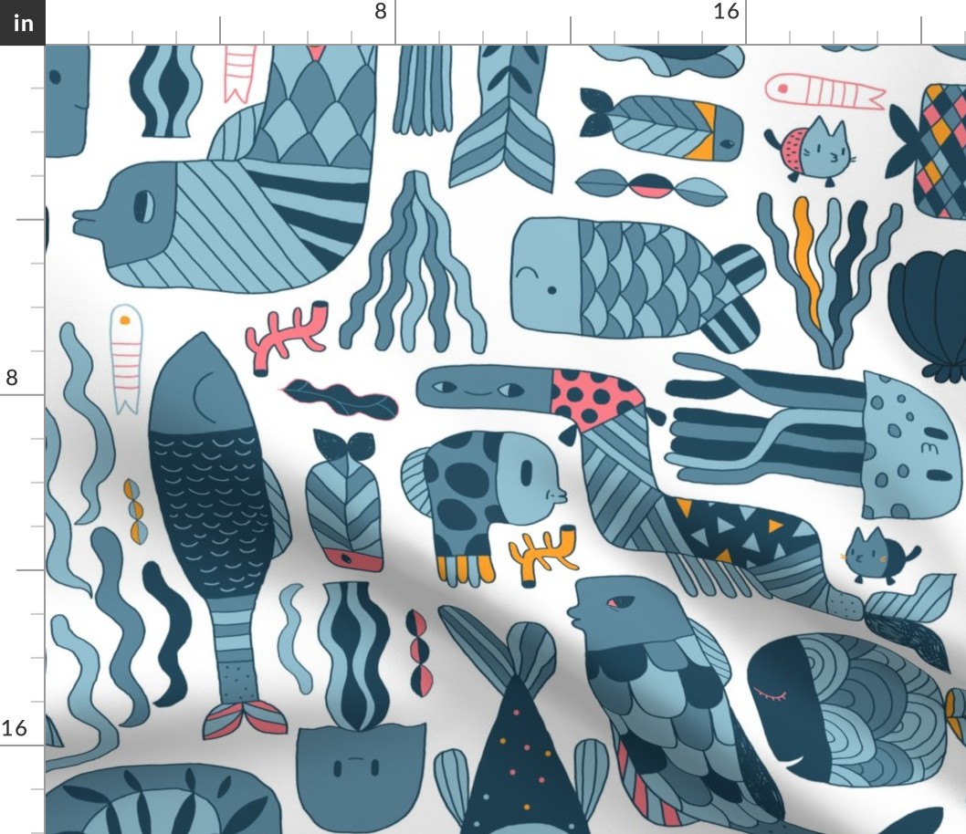 Doodle fish pattern. Blue and white

