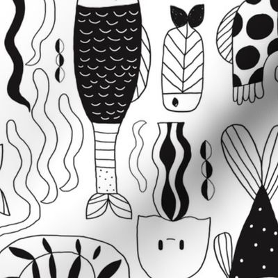 Doodle fish pattern. Black and white